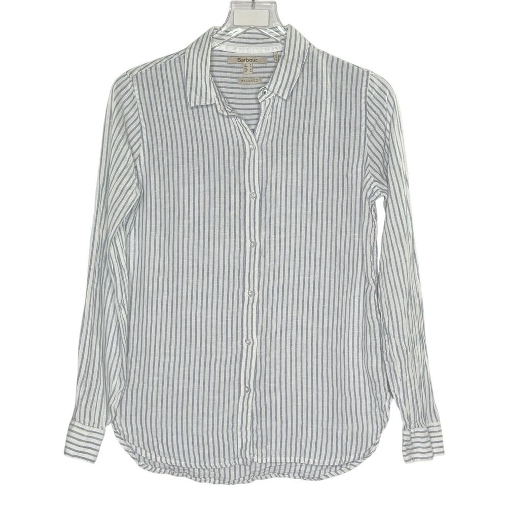 Barbour Relaxed Linen Marine Shirt 4 Relaxed Fit Blue White Striped Travel